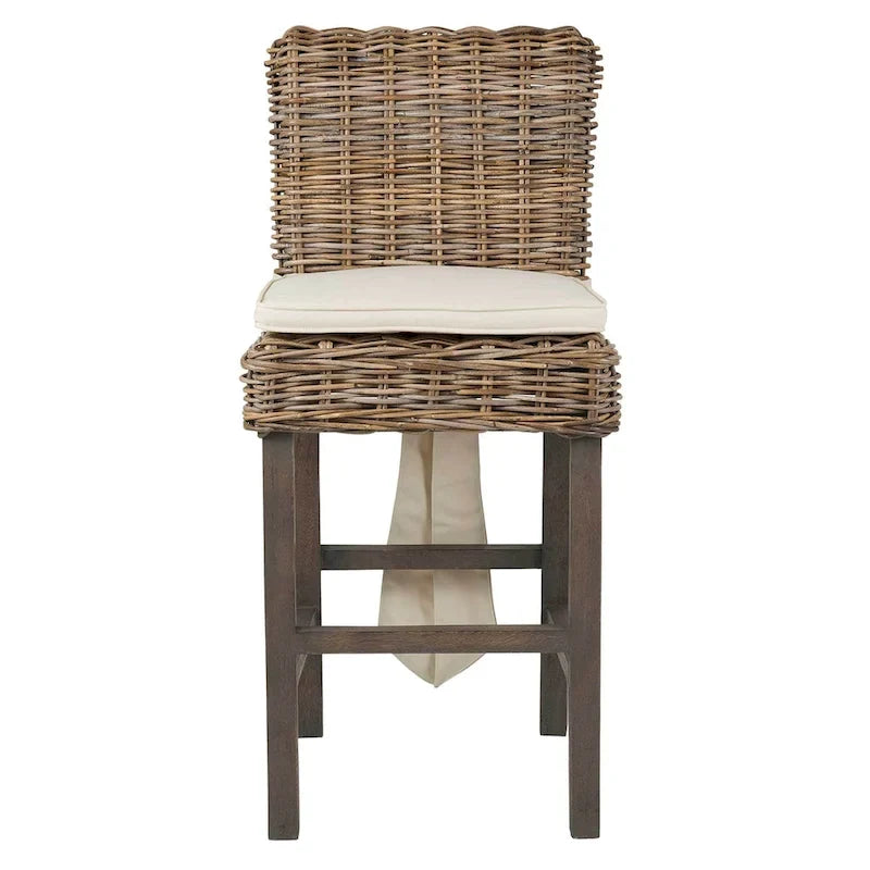 Tabouret coussiné en rotin gris délavé