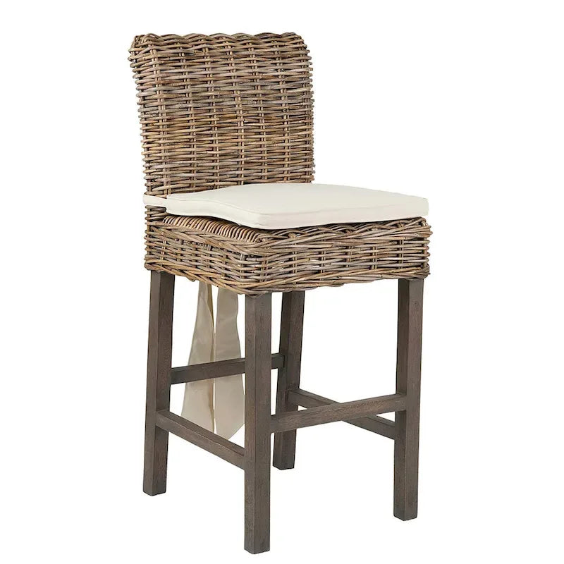 Tabouret coussiné en rotin gris délavé