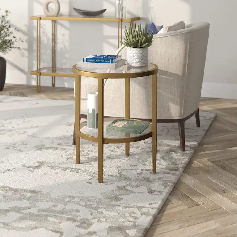 Table d'appoint ronde large Hera 19.63 avec étagère en verre transparent