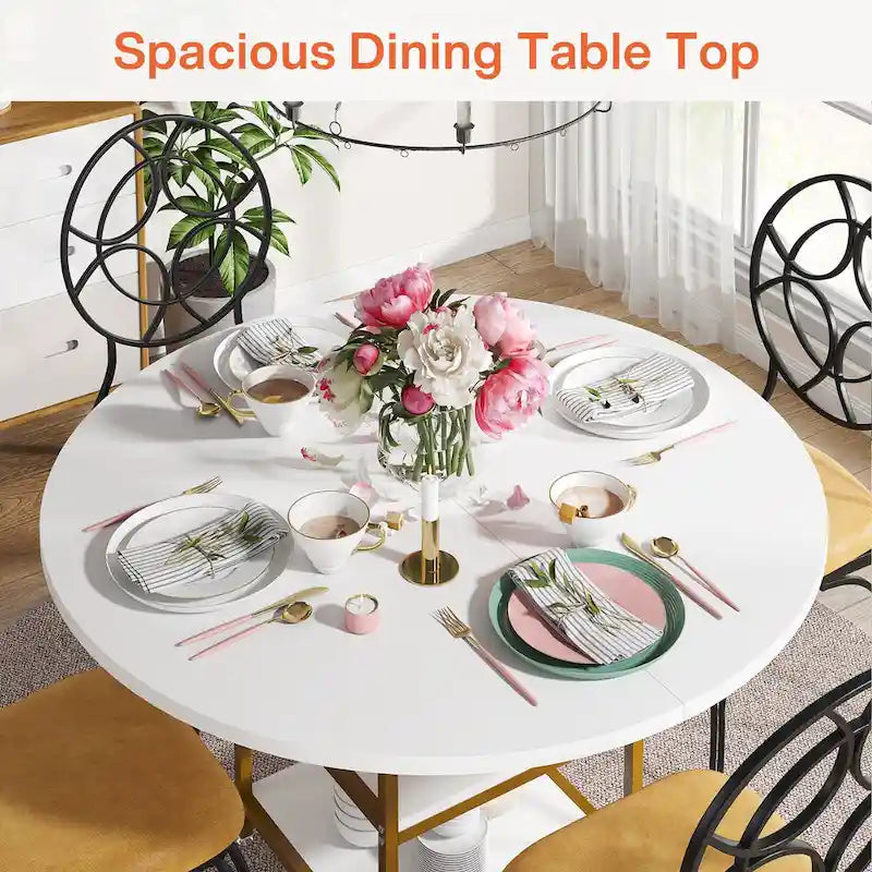 Table à manger ronde avec étagères de rangement pour 4 personnes, pieds en métal, plateau en bois pour salle à manger et salon, marron rustique et noir