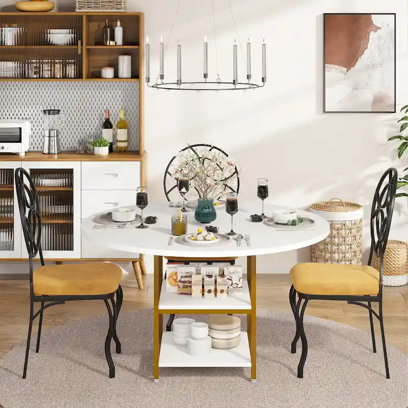 Table à manger ronde avec étagères de rangement pour 4 personnes, pieds en métal, plateau en bois pour salle à manger et salon, marron rustique et noir