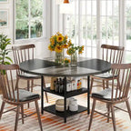 Table à manger ronde avec étagères de rangement pour 4 personnes, pieds en métal, plateau en bois pour salle à manger et salon, marron rustique et noir