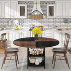 Table à manger ronde avec étagères de rangement pour 4 personnes, pieds en métal, plateau en bois pour salle à manger et salon, marron rustique et noir