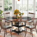 Table à manger ronde avec étagères de rangement pour 4 personnes, pieds en métal, plateau en bois pour salle à manger et salon, marron rustique et noir
