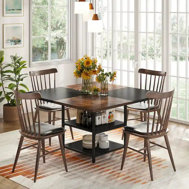 Table à manger ronde avec étagères de rangement pour 4 personnes, pieds en métal, plateau en bois pour salle à manger et salon, marron rustique et noir