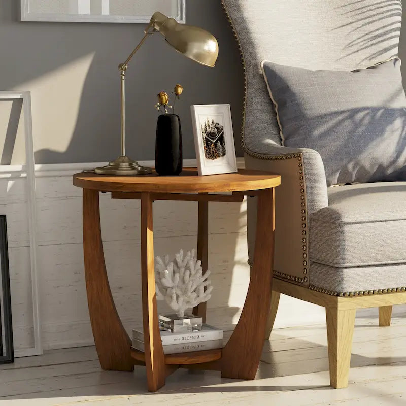 Table d'appoint ronde de style rustique avec étagère de rangement, table d'appoint de style campagne française