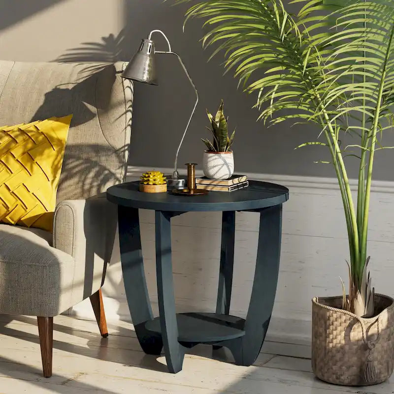 Table d'appoint ronde de style rustique avec étagère de rangement, table d'appoint de style campagne française