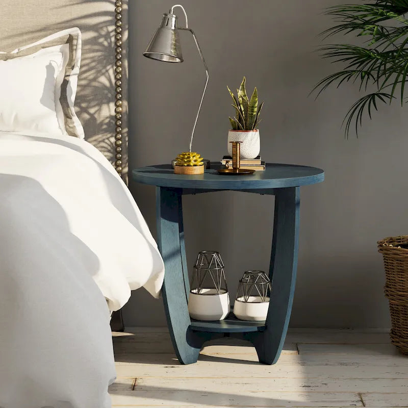 Table d'appoint ronde de style rustique avec étagère de rangement, table d'appoint de style campagne française