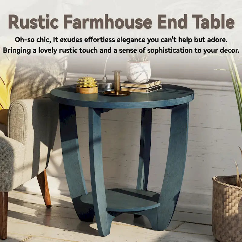 Table d'appoint ronde de style rustique avec étagère de rangement, table d'appoint de style campagne française