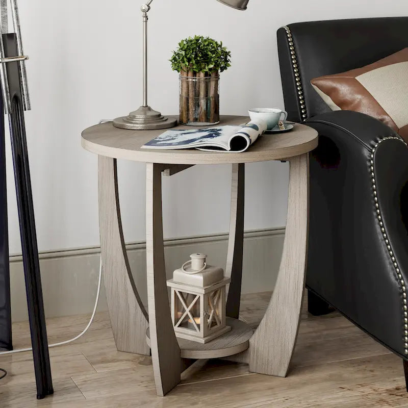 Table d'appoint ronde de style rustique avec étagère de rangement, table d'appoint de style campagne française