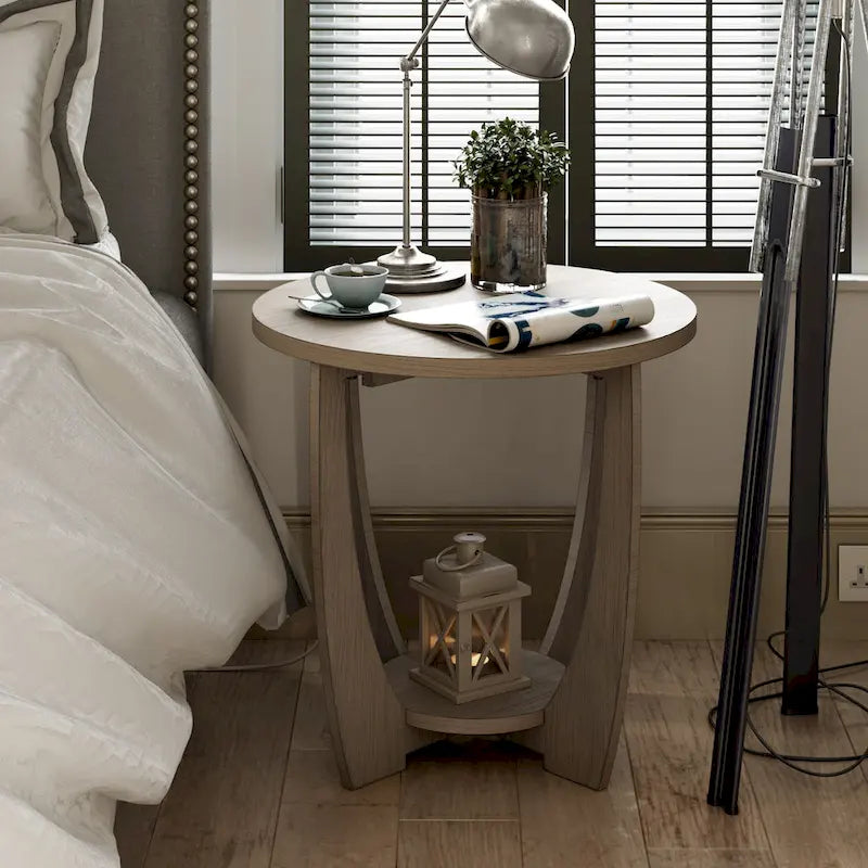 Table d'appoint ronde de style rustique avec étagère de rangement, table d'appoint de style campagne française