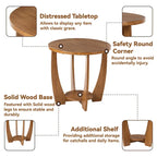 Table d'appoint ronde de style rustique avec étagère de rangement, table d'appoint de style campagne française