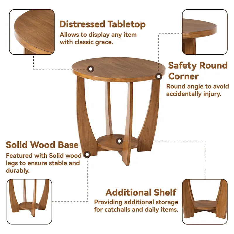 Table d'appoint ronde de style rustique avec étagère de rangement, table d'appoint de style campagne française