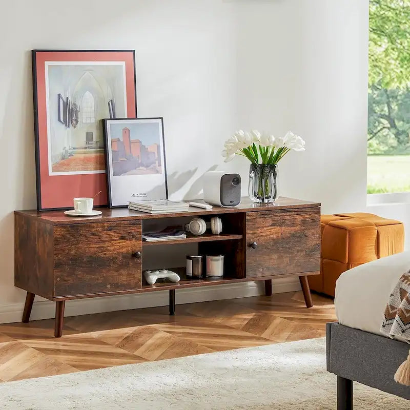 Meuble TV pour téléviseur de 55-60 pouces, centre de divertissement avec armoire de rangement, console multimédia de style milieu de siècle, charnière réglable
