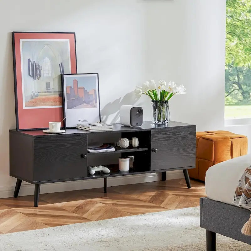 Meuble TV pour téléviseur de 55-60 pouces, centre de divertissement avec armoire de rangement, console multimédia de style milieu de siècle, charnière réglable