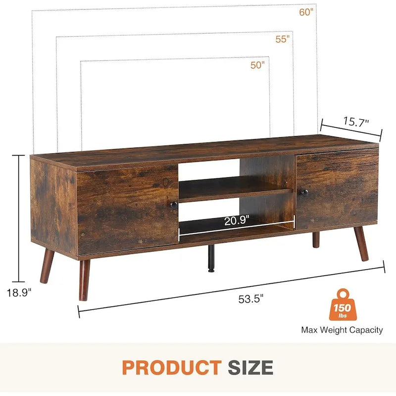 Meuble TV pour téléviseur de 55-60 pouces, centre de divertissement avec armoire de rangement, console multimédia de style milieu de siècle, charnière réglable