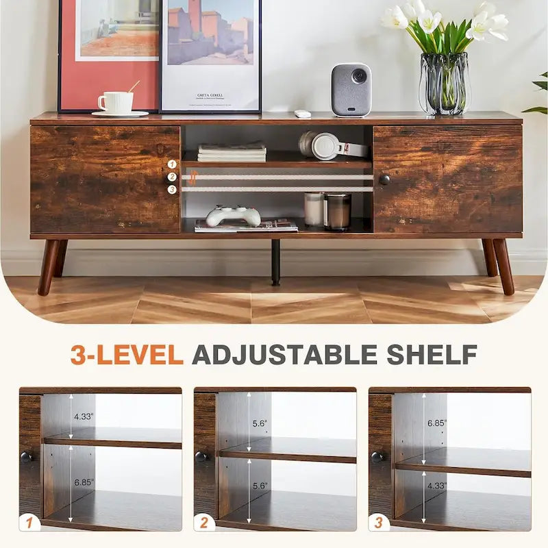 Meuble TV pour téléviseur de 55-60 pouces, centre de divertissement avec armoire de rangement, console multimédia de style milieu de siècle, charnière réglable