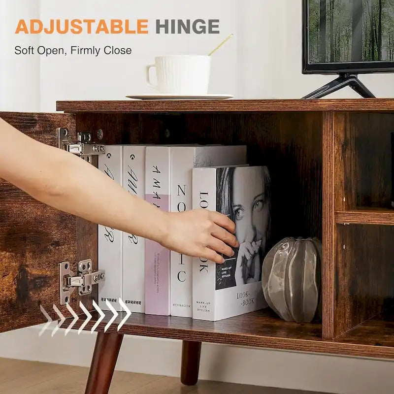 Meuble TV pour téléviseur de 55-60 pouces, centre de divertissement avec armoire de rangement, console multimédia de style milieu de siècle, charnière réglable