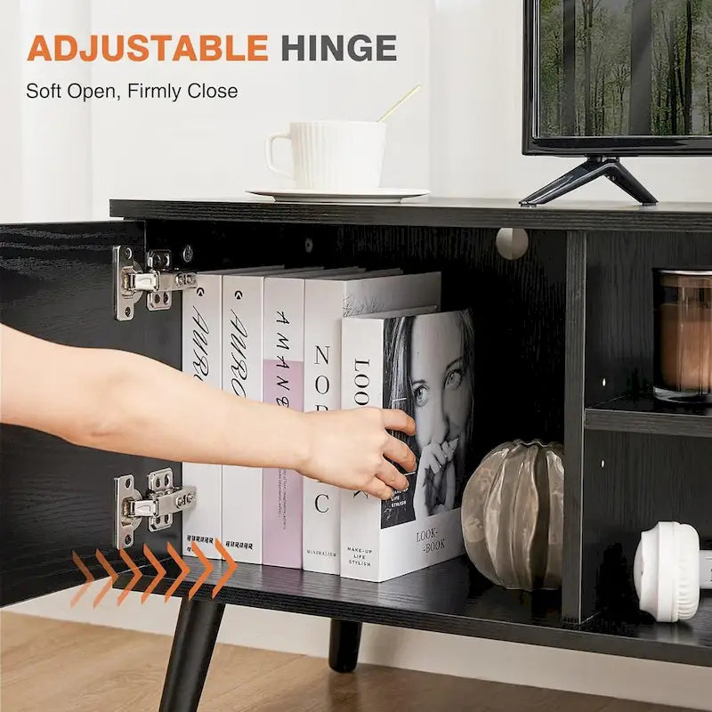 Meuble TV pour téléviseur de 55-60 pouces, centre de divertissement avec armoire de rangement, console multimédia de style milieu de siècle, charnière réglable