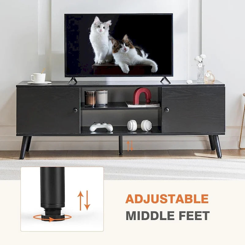 Meuble TV pour téléviseur de 55-60 pouces, centre de divertissement avec armoire de rangement, console multimédia de style milieu de siècle, charnière réglable