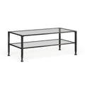 Table basse rectangulaire en métal noir avec plateau en verre et étagère inférieure