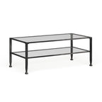 Table basse rectangulaire en métal noir avec plateau en verre et étagère inférieure