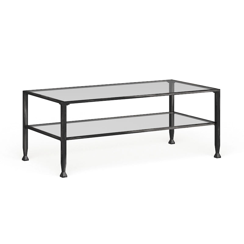 Table basse rectangulaire en métal noir avec plateau en verre et étagère inférieure