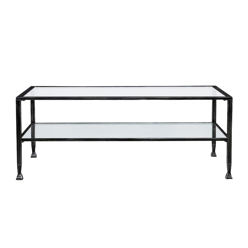 Table basse rectangulaire en métal noir avec plateau en verre et étagère inférieure