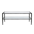 Table basse rectangulaire en métal noir avec plateau en verre et étagère inférieure