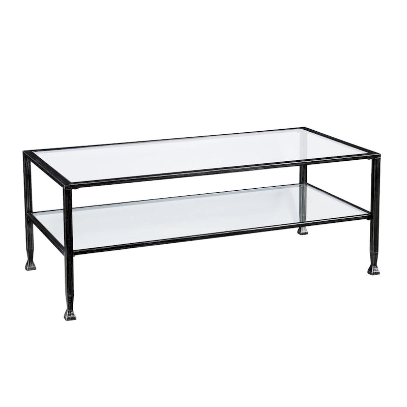 Table basse rectangulaire en métal noir avec plateau en verre et étagère inférieure