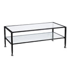 Table basse rectangulaire en métal noir avec plateau en verre et étagère inférieure