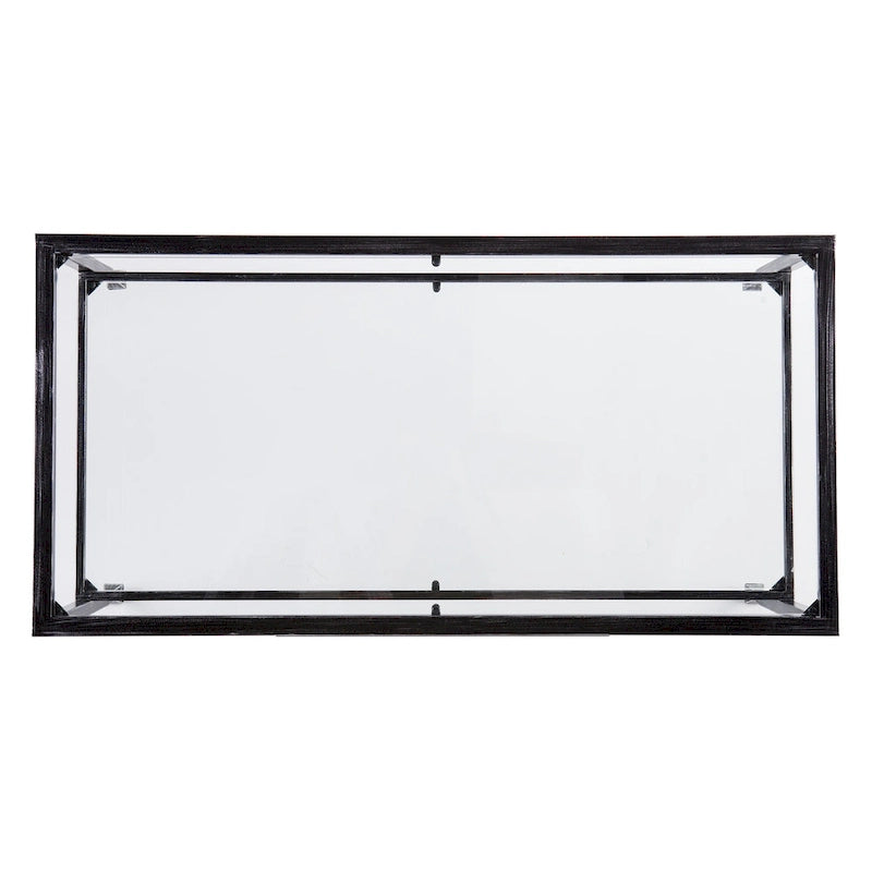 Table basse rectangulaire en métal noir avec plateau en verre et étagère inférieure