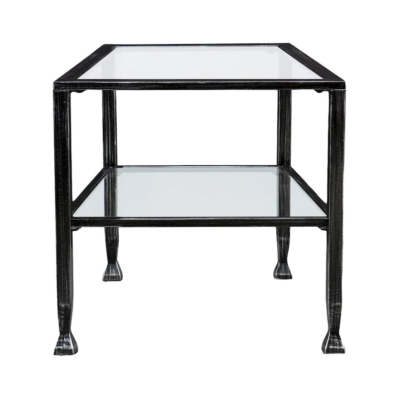 Table basse rectangulaire en métal noir avec plateau en verre et étagère inférieure
