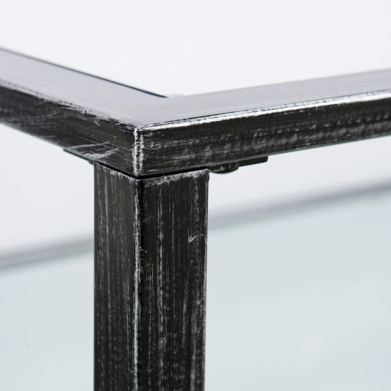 Table basse rectangulaire en métal noir avec plateau en verre et étagère inférieure