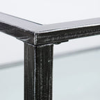 Table basse rectangulaire en métal noir avec plateau en verre et étagère inférieure