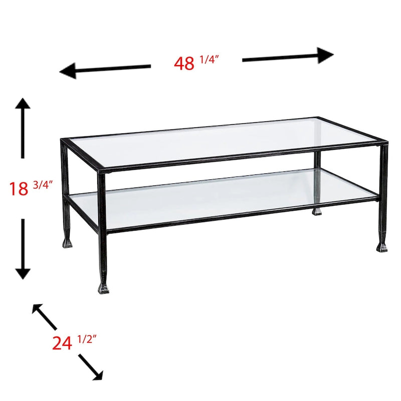 Table basse rectangulaire en métal noir avec plateau en verre et étagère inférieure