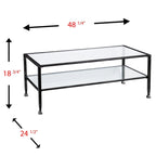 Table basse rectangulaire en métal noir avec plateau en verre et étagère inférieure