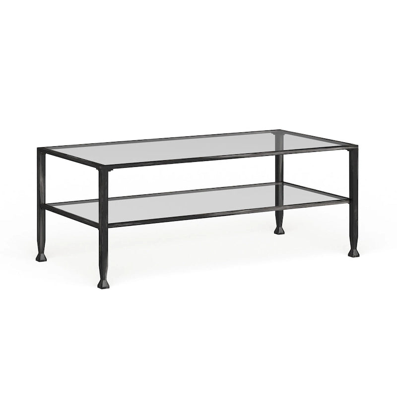 Table basse rectangulaire en métal noir avec plateau en verre et étagère inférieure
