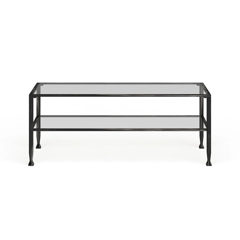Table basse rectangulaire en métal noir avec plateau en verre et étagère inférieure