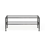 Table basse rectangulaire en métal noir avec plateau en verre et étagère inférieure