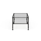 Table basse rectangulaire en métal noir avec plateau en verre et étagère inférieure