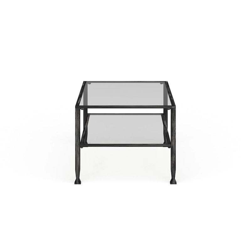 Table basse rectangulaire en métal noir avec plateau en verre et étagère inférieure
