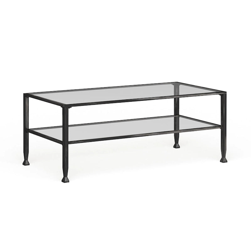 Table basse rectangulaire en métal noir avec plateau en verre et étagère inférieure