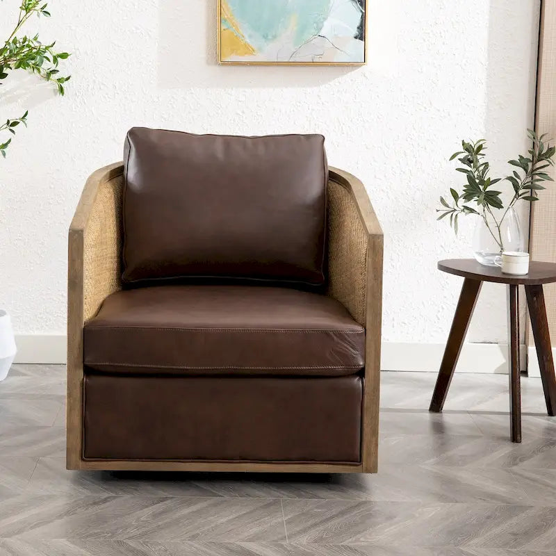 Fauteuil club rond pivotant à 360 degrés en tissu bouclette et cuir