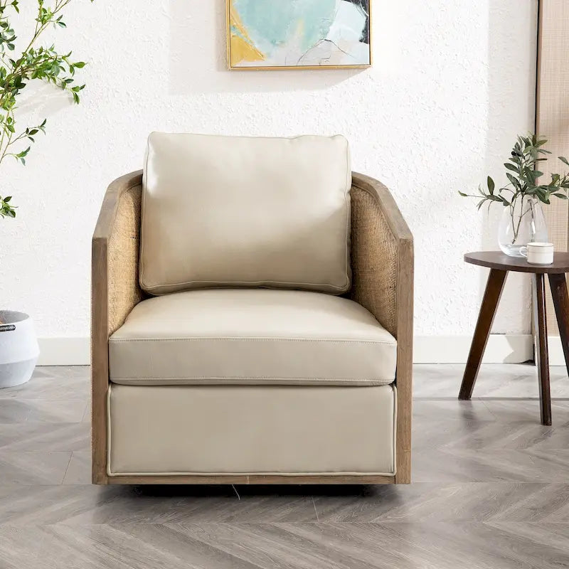 Fauteuil club rond pivotant à 360 degrés en tissu bouclette et cuir