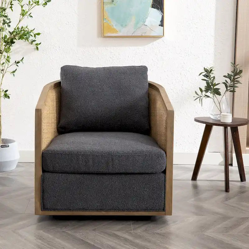 Fauteuil club rond pivotant à 360 degrés en tissu bouclette et cuir