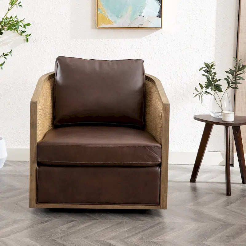 Fauteuil club rond pivotant à 360 degrés en tissu bouclette et cuir