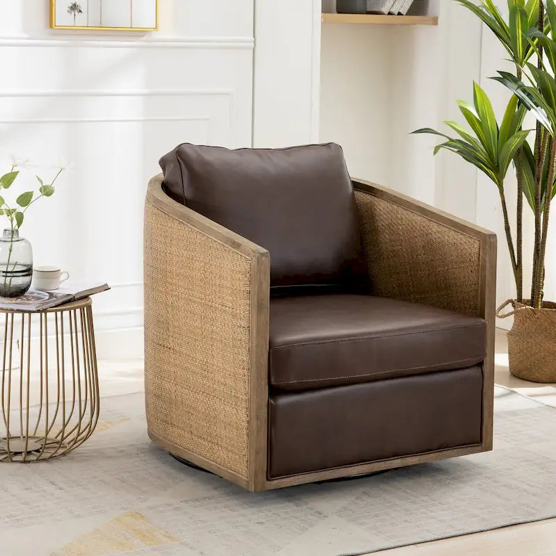 Fauteuil club rond pivotant à 360 degrés en tissu bouclette et cuir