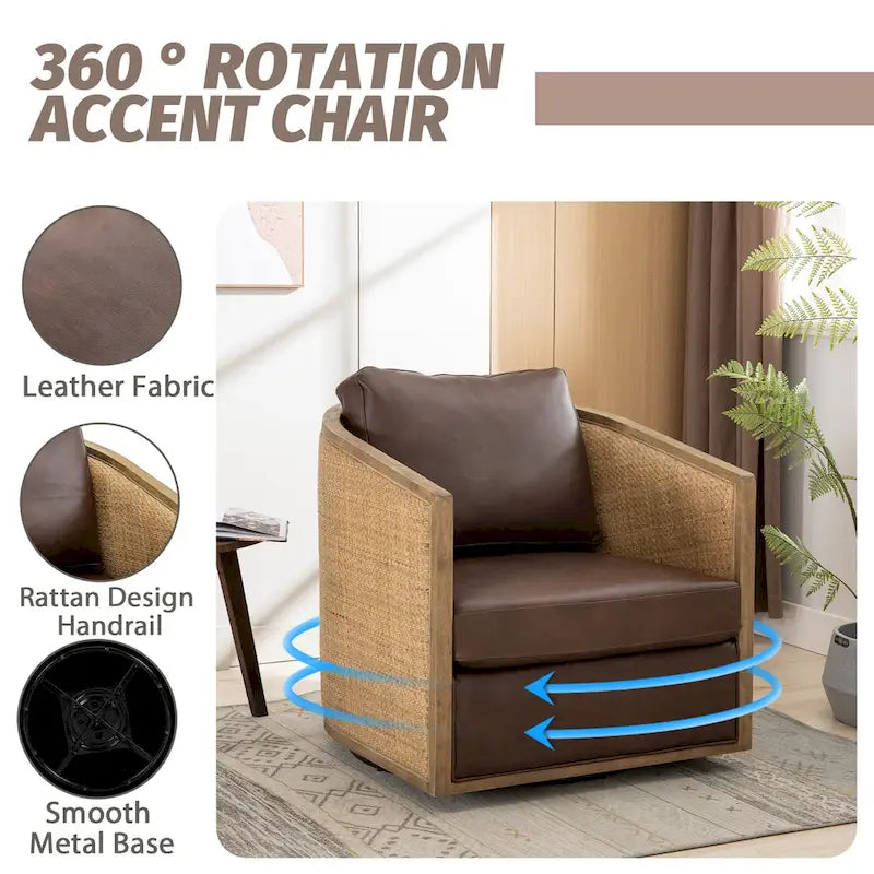 Fauteuil club rond pivotant à 360 degrés en tissu bouclette et cuir