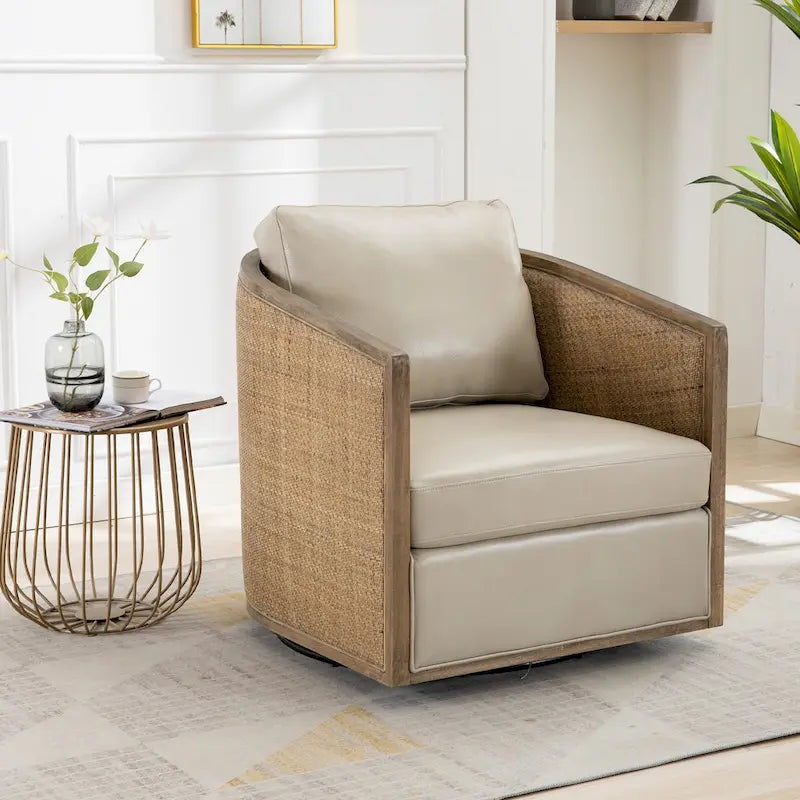 Fauteuil club rond pivotant à 360 degrés en tissu bouclette et cuir